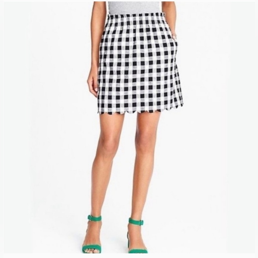 J Crew Printed Plaid Scalloped sidewalk skirt In Gingham Linen Blend